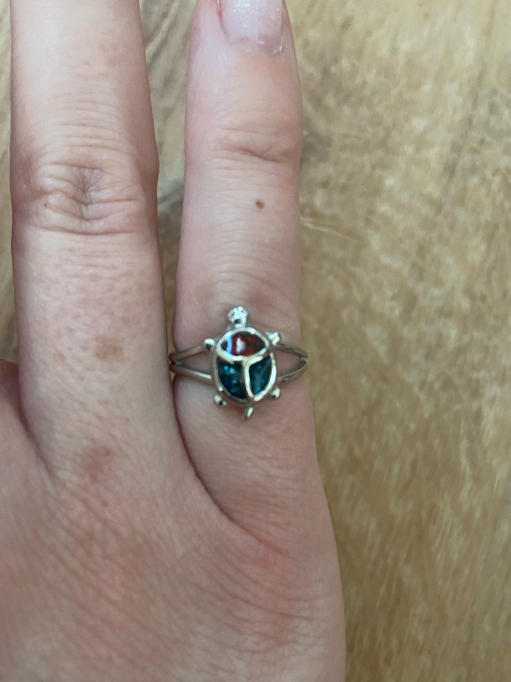 Silver Turtle Ring with Blue-Green and Red Enamel Accents Adjustable Size 5